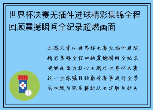世界杯决赛无插件进球精彩集锦全程回顾震撼瞬间全纪录超燃画面